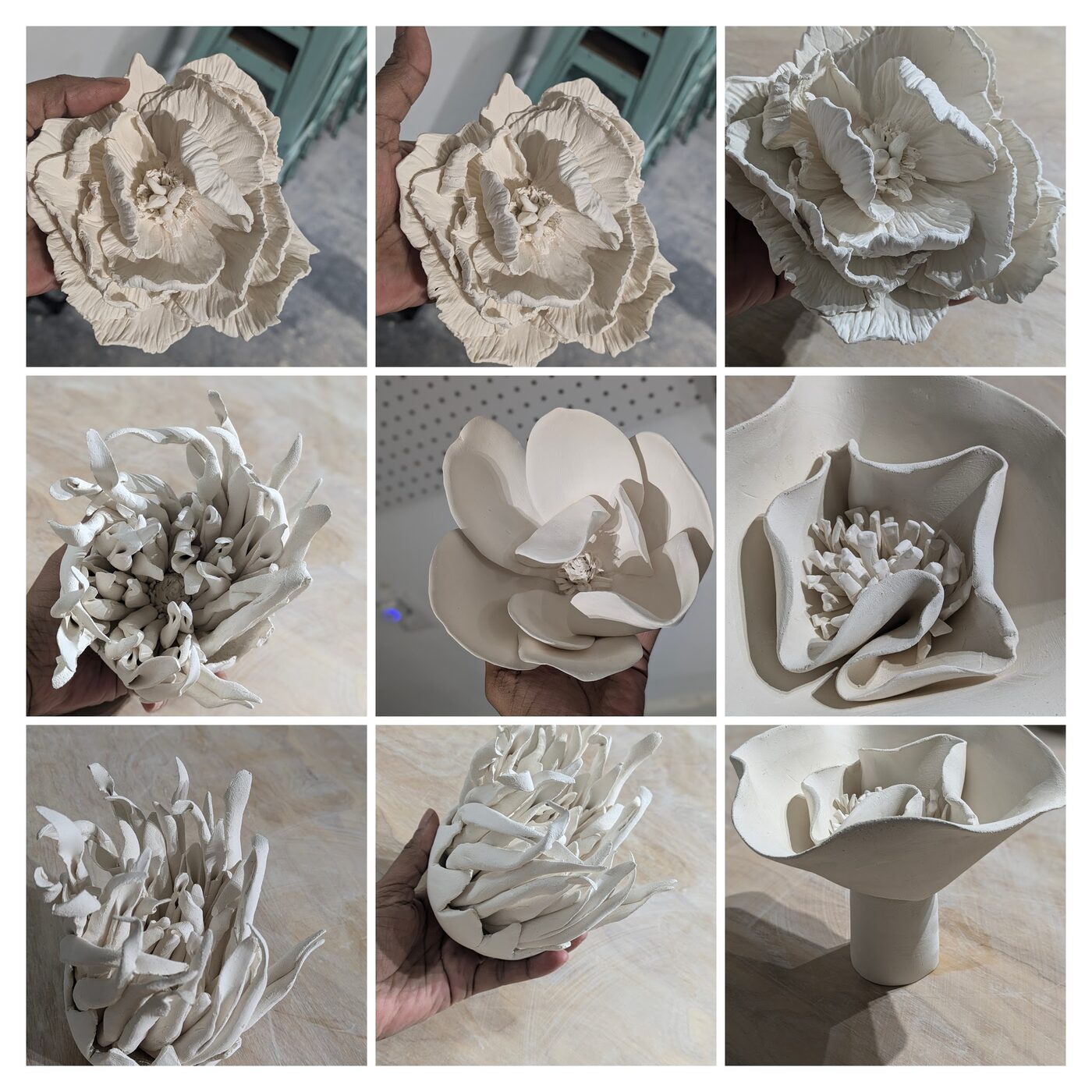Collage of greenware ceramic flowers before firing