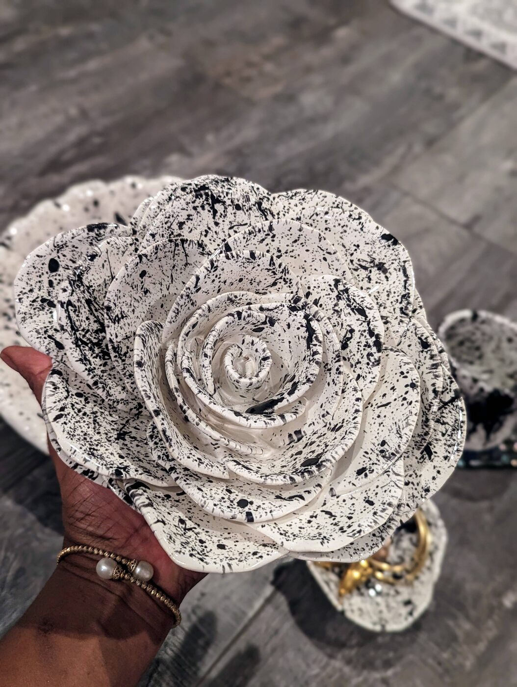 Handbuilt ceramic splatter-glaze rose