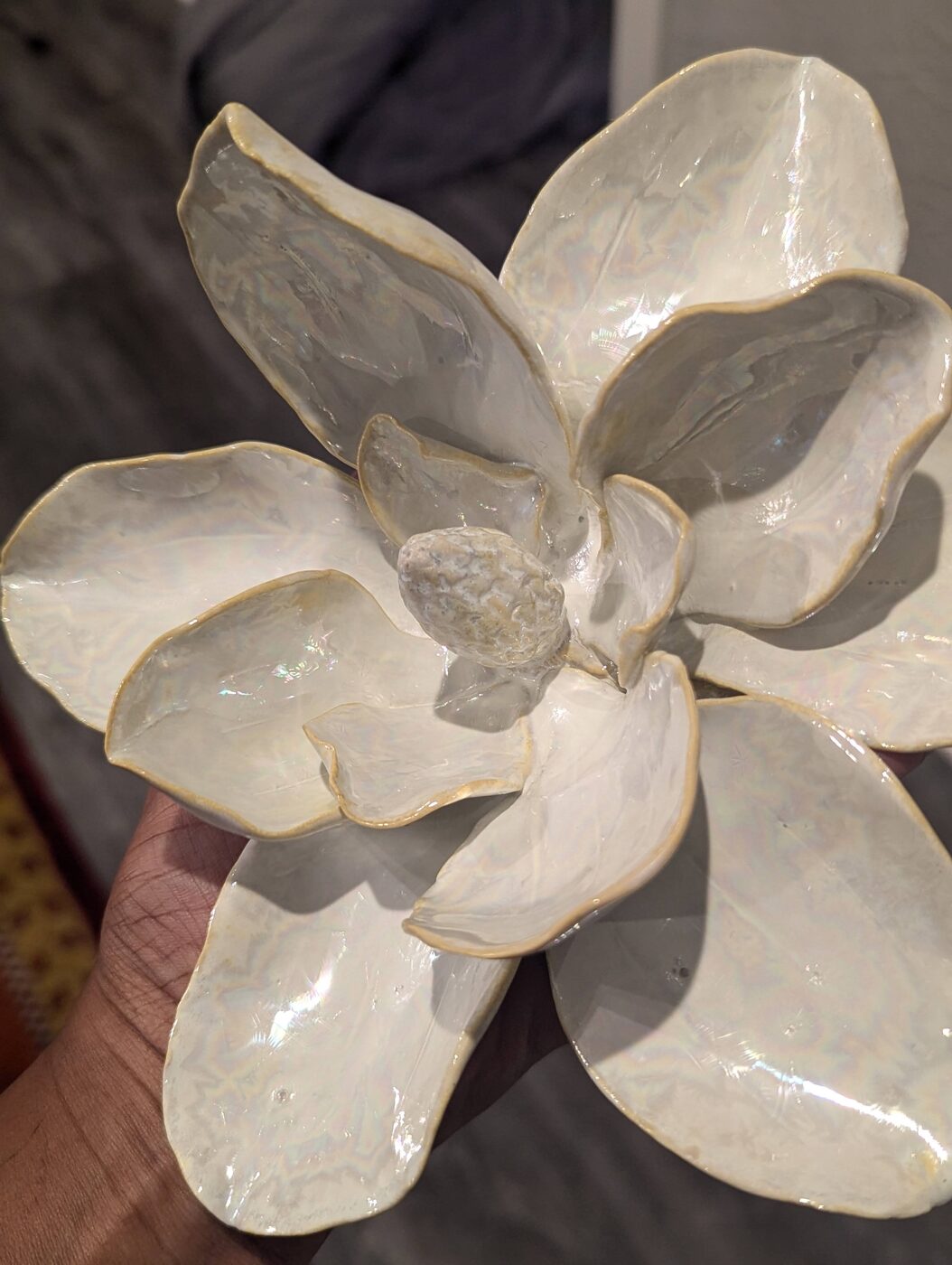 Handbuilt ceramic magnolia closeup