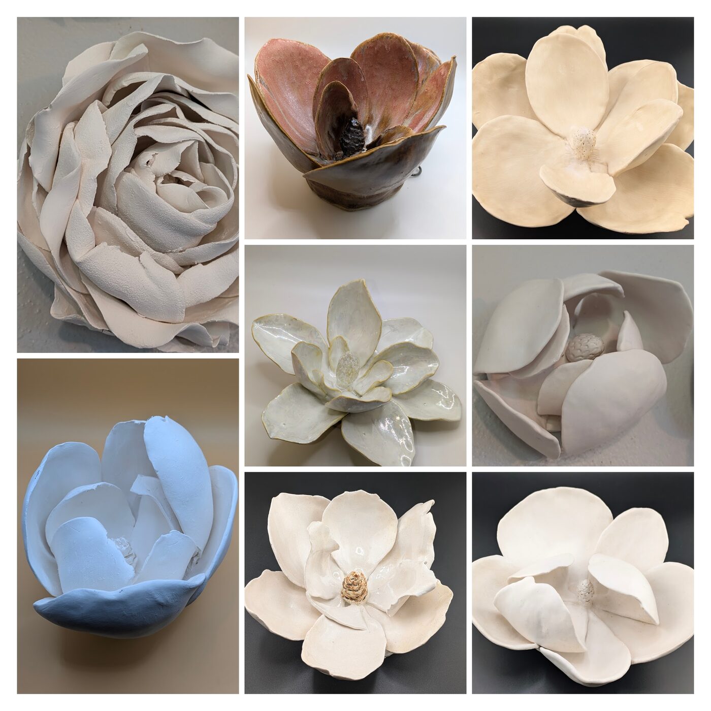 Collage of handbuilt ceramic flowers