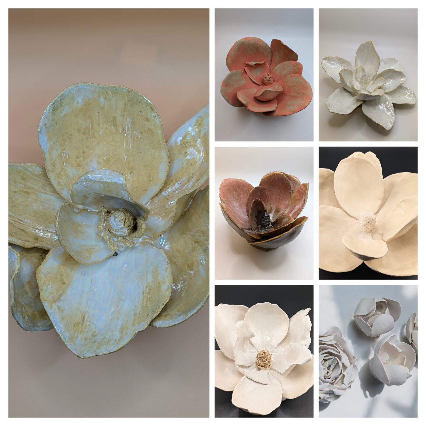 Collage of handbuilt ceramic succulents and roses