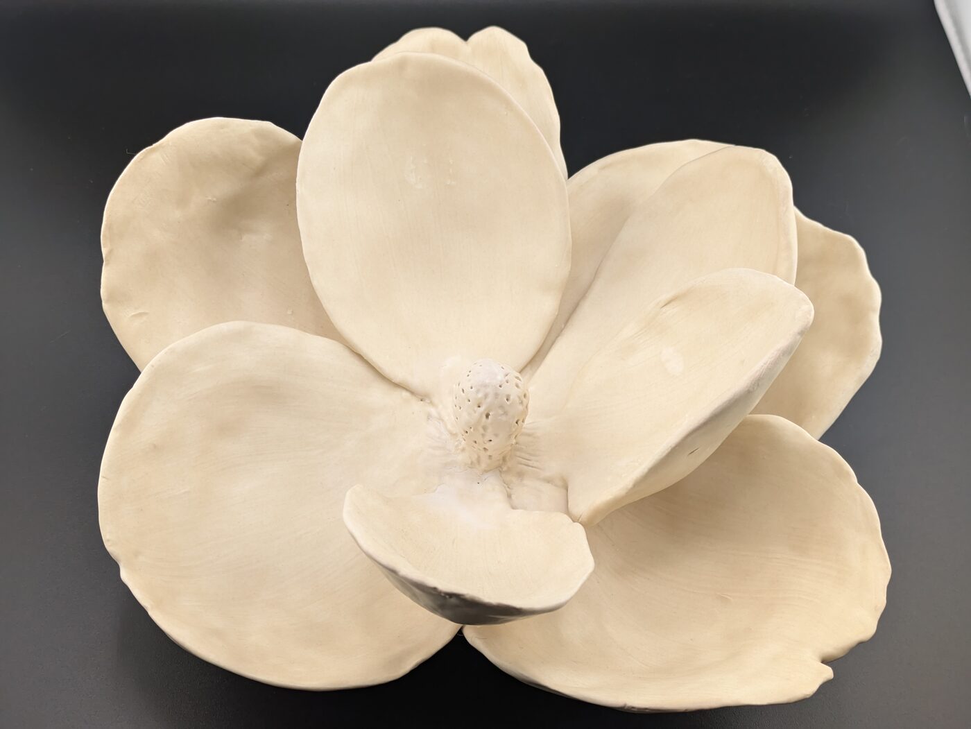 Handbuilt ceramic magnolia closeup