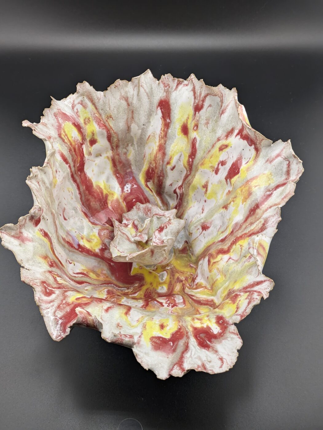 Handbuilt ceramic pink and yellow splatter rose