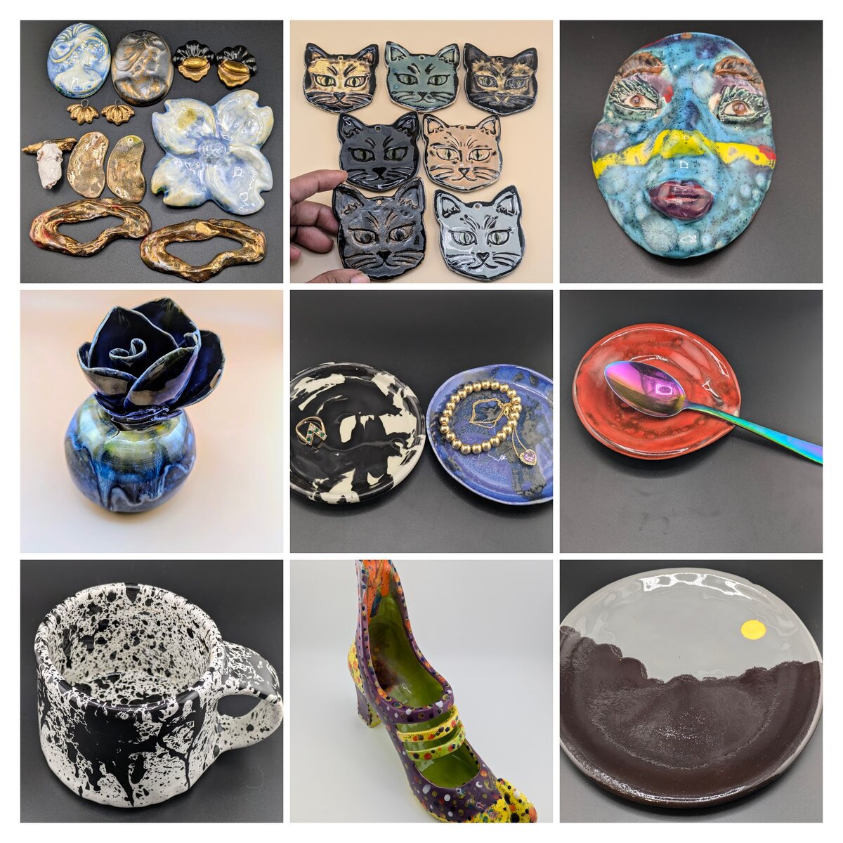 Assorted small ceramic ornaments, charms, and dishes