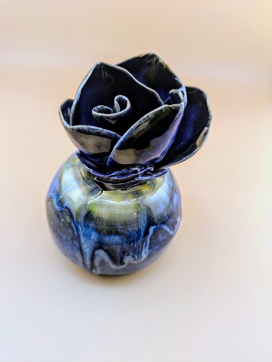 Handbuilt ceramic bud vase with flower topper