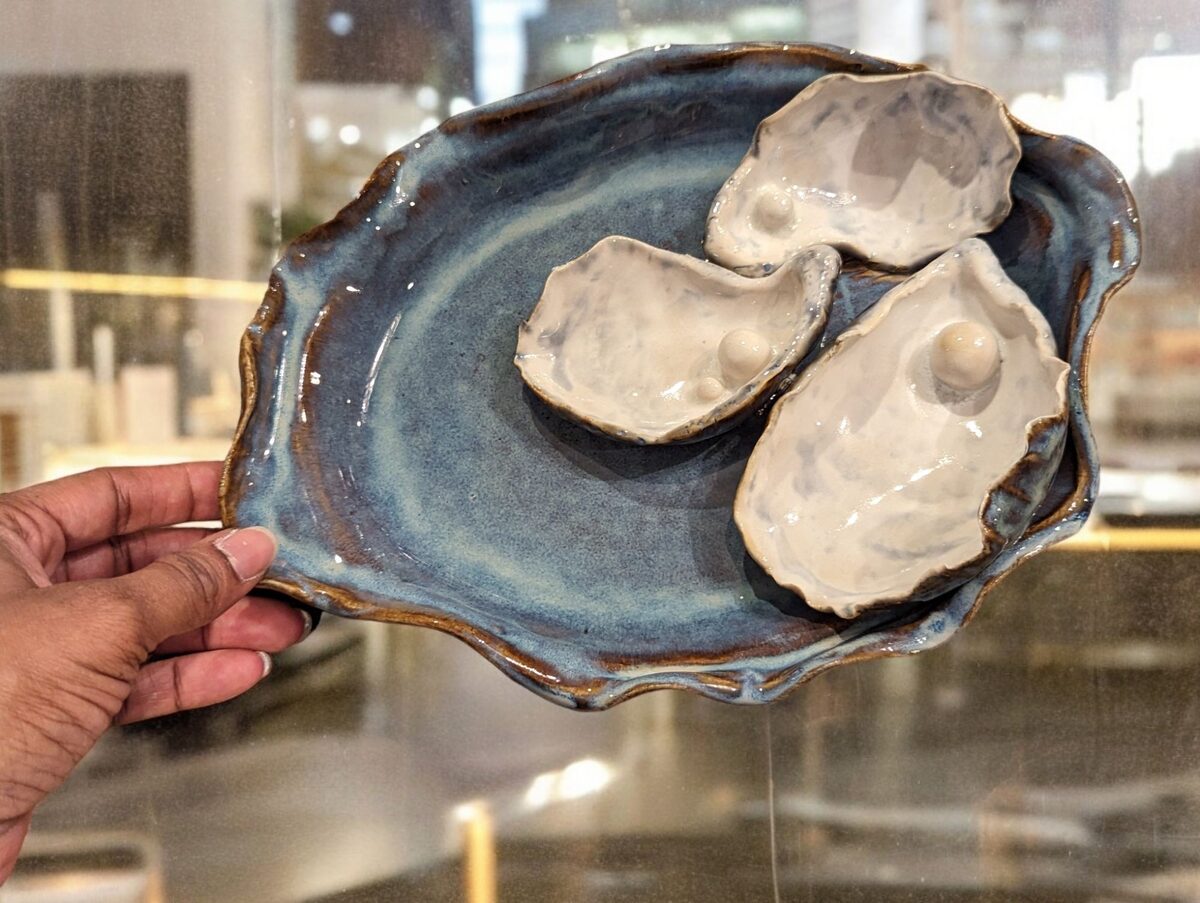 Handbuilt ceramic oyster shell catch-all dish